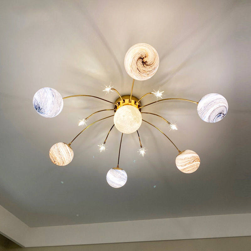 Nordic Style 13-Light Iron & Glass Earth Planet Ceiling Light for Kids' Bedroom