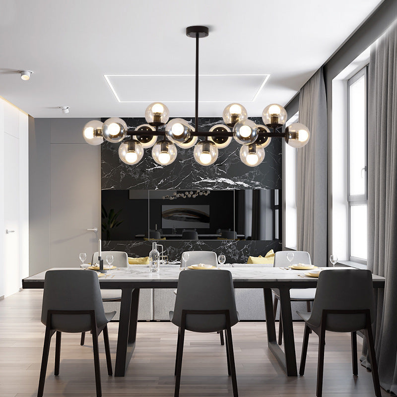 Modern Scandinavian Iron and Glass 16-Light Round Globe Chandelier for Dining Room