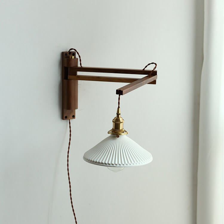 Elegant White Striped Glass 1-Light Walnut Wall Sconce for Modern Rooms