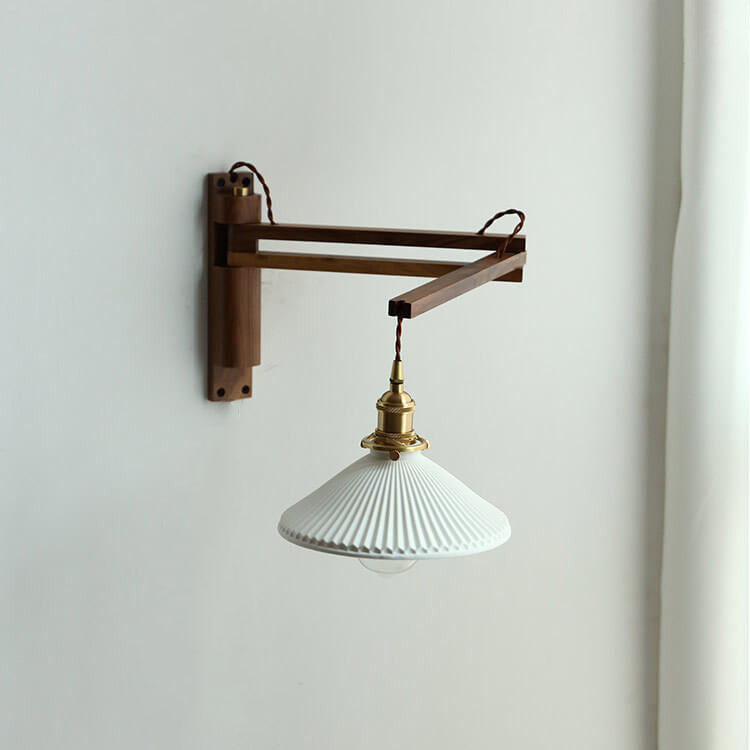 Elegant White Striped Glass 1-Light Walnut Wall Sconce for Modern Rooms