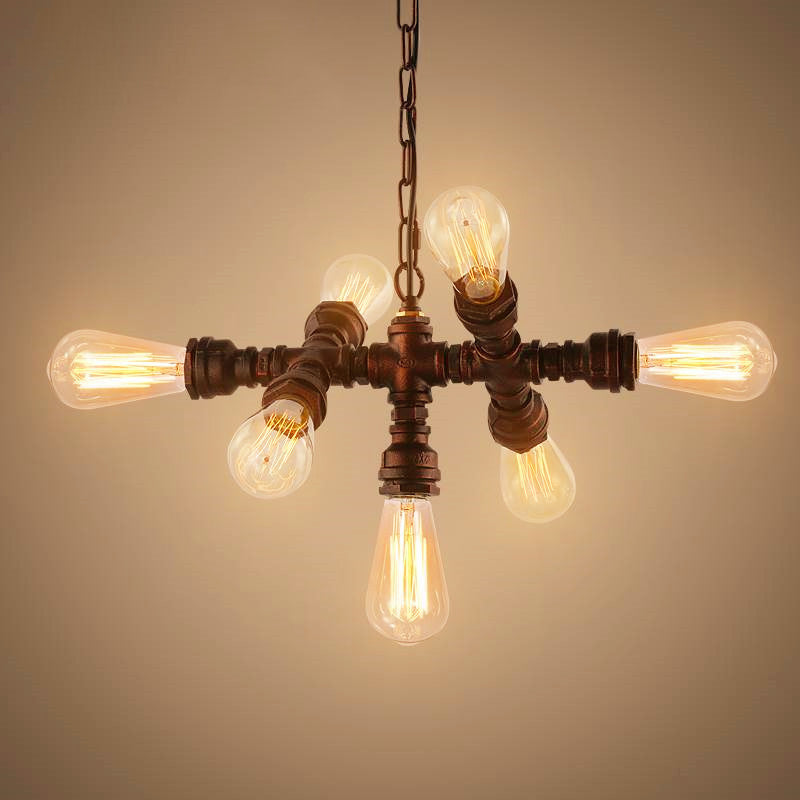 Rustic Industrial Black Iron 7-Light Water Pipe Chandelier for Loft Dining