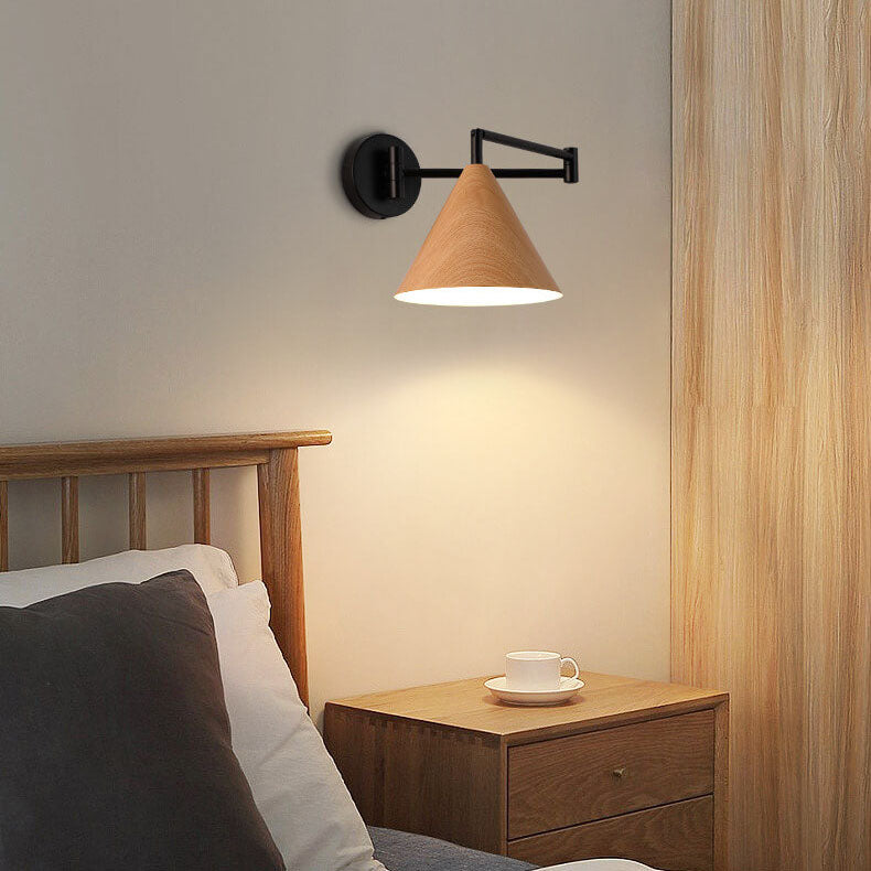 Modern Wood Grain Iron Cone Swing Arm Wall Sconce for Bedroom Decor