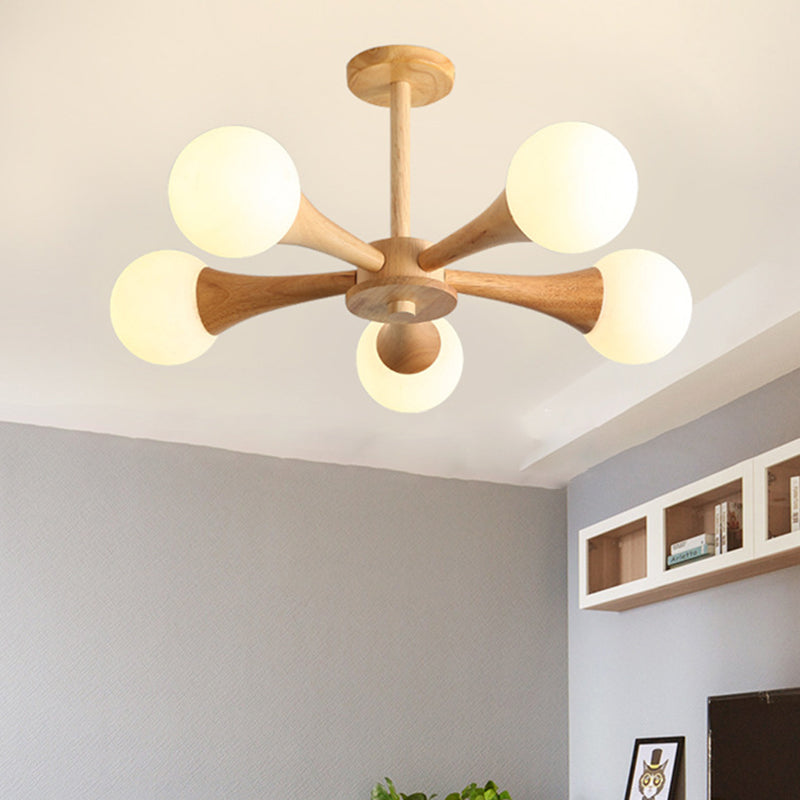 Rustic Japanese Wood Frame Glass Chandelier Light Fixture for Living Room