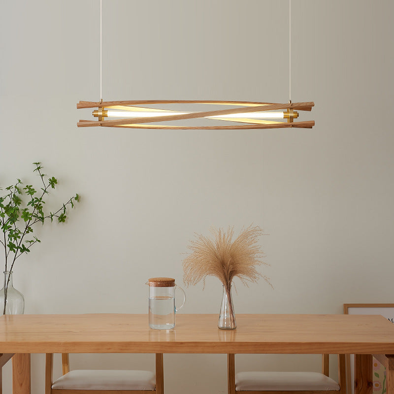 Rustic Ash Wood & Brass LED Island Chandelier for Dining Room Elegance