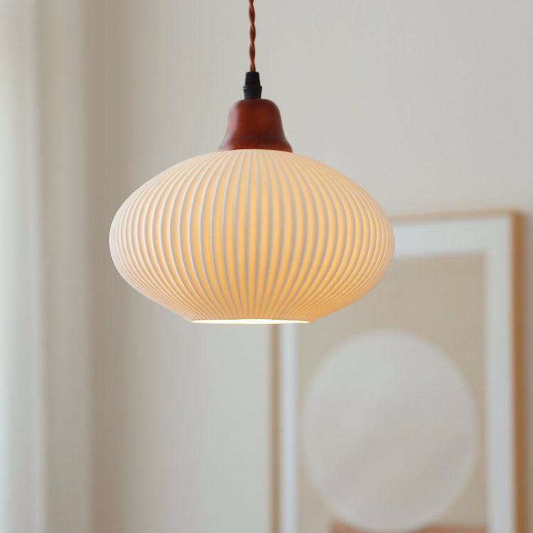 Japanese Ceramic Pleated Dome Pendant Light in Wood & Iron for Home