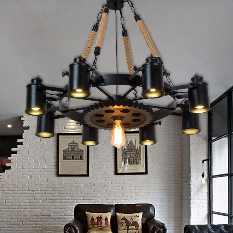 Industrial Retro Wrought Iron Hemp Rope Chandelier for Living Room