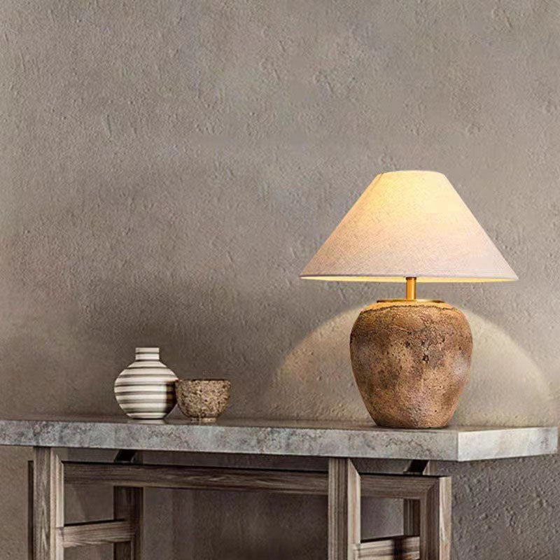 Rustic Shabby Chic Cone Fabric & Ceramic Table Lamp for Bedroom Decor