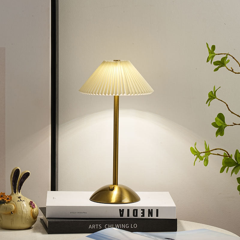 Modern Scandinavian Rechargeable Conic Pleated Fabric Table Lamp for Bedroom