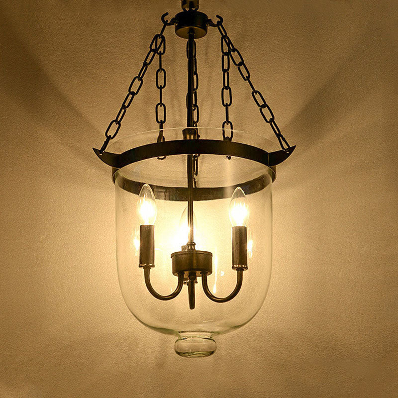 Rustic Iron 3-Light Round Glass Bucket Candelabra Chandelier for Living Room