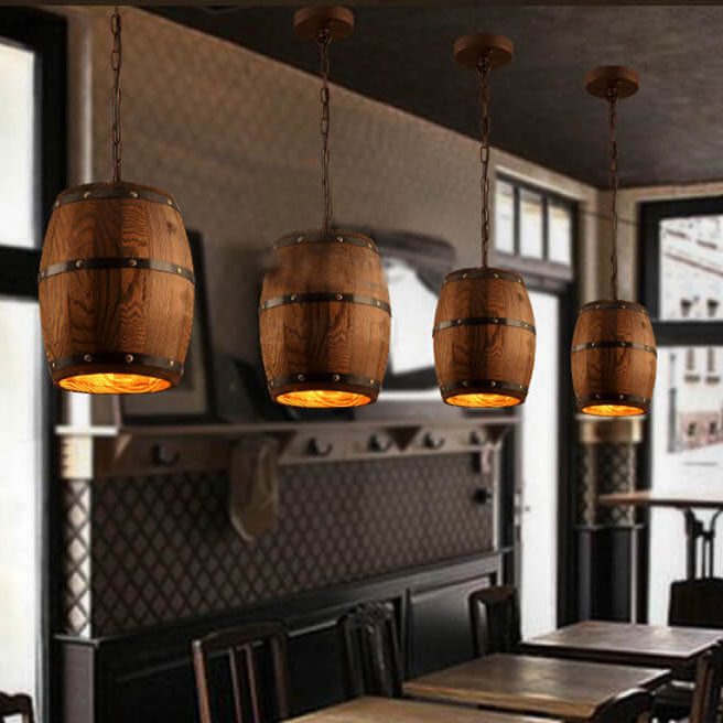 Rustic Round Iron & Wood Wine Barrel 1-Light Pendant for Dining Room