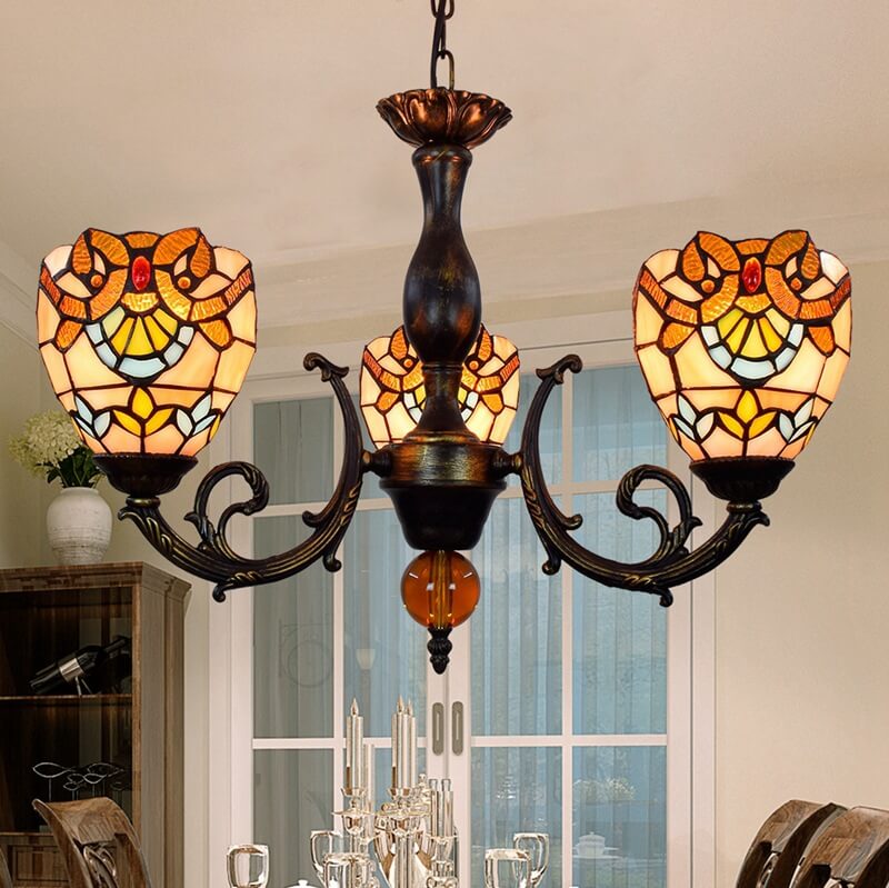 Traditional Tiffany Baroque Bell Alloy Glass 3-Light Chandelier For Living Room