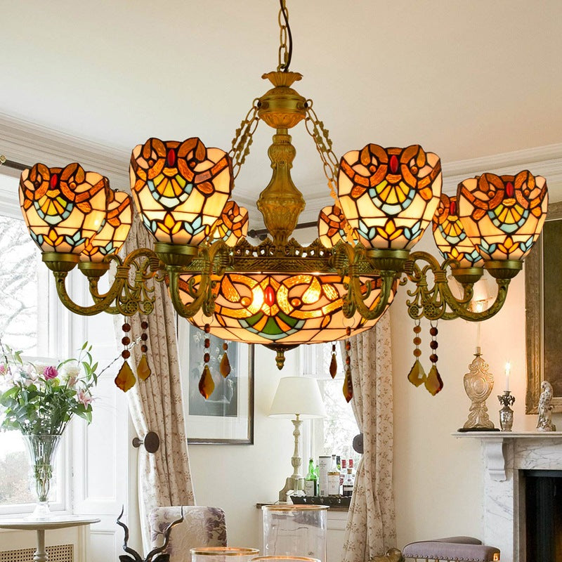 Vintage Tiffany Baroque Glass and Iron 8/11 Light Chandelier for Living Room