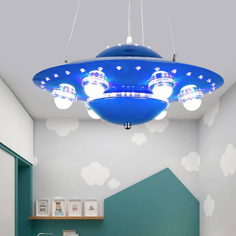 Kids' Modern Spaceship LED Chandelier in Iron & Glass for Bedroom Decor