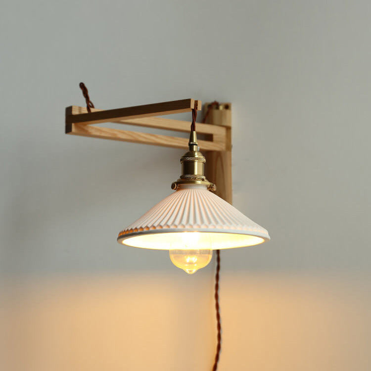Elegant White Striped Glass 1-Light Walnut Wall Sconce for Modern Rooms