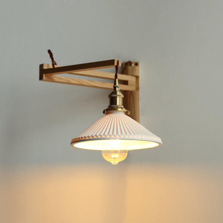 Elegant White Striped Glass 1-Light Walnut Wall Sconce for Modern Rooms