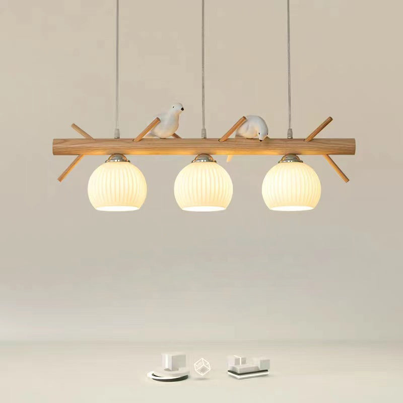 Elegant Traditional Japanese Wood and Glass 3-Light Chandelier for Living Room