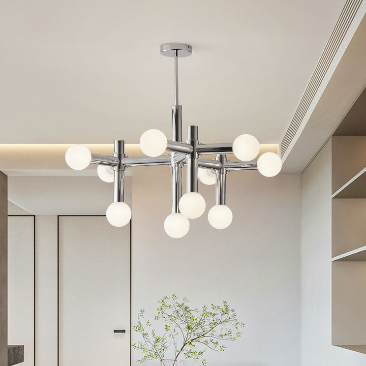 Mid-Century Modern Silver Iron 10-Light Glass Ball Chandelier for Living Room