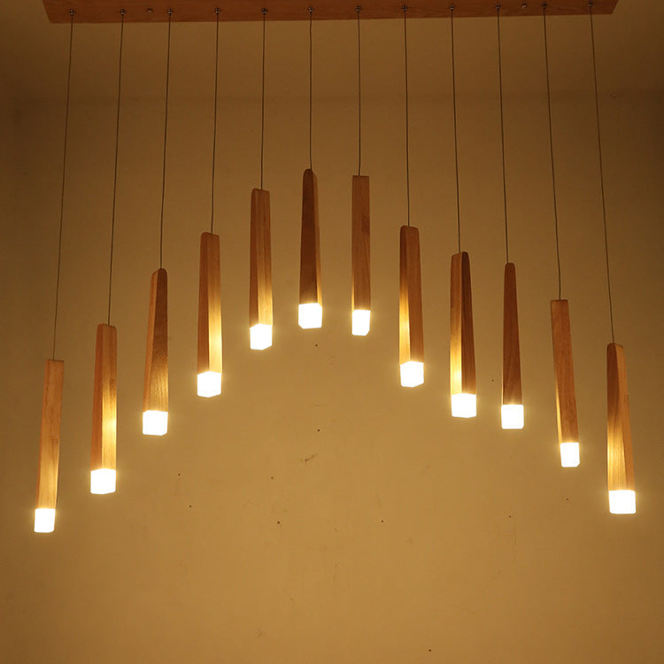Rustic Square Wooden LED Chandelier for Dining Room Island Lighting