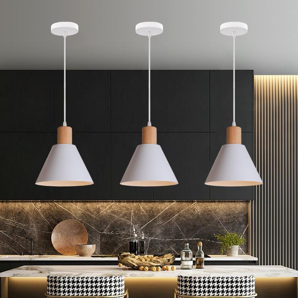 Vintage Iron and Wood Round Cone Pendant Light for Living Room Decor