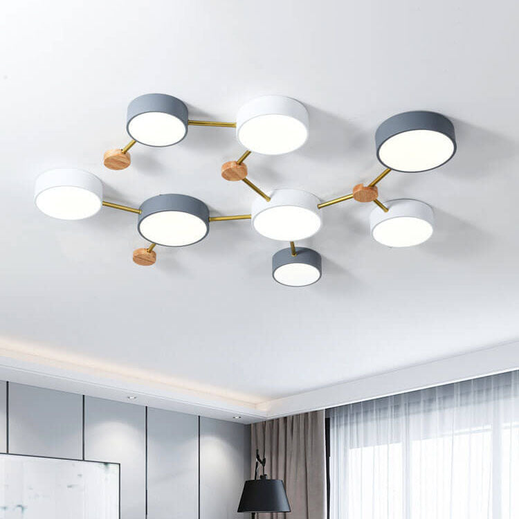 Scandinavian Minimalist Oak Wood and Iron LED Flush Mount Light Fixture