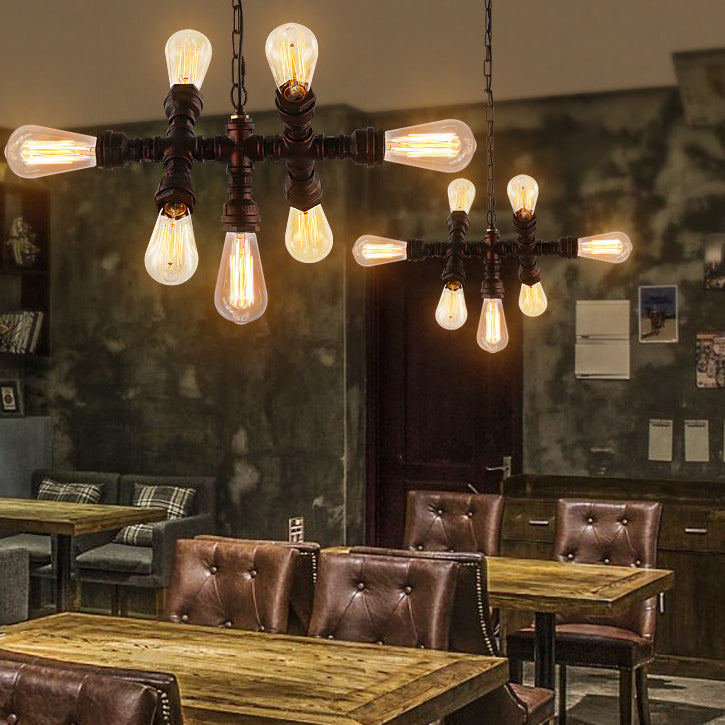 Rustic Industrial Black Iron 7-Light Water Pipe Chandelier for Loft Dining