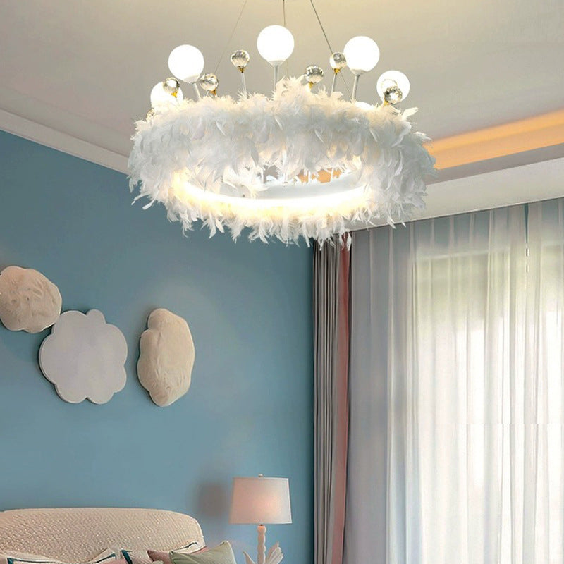 Modern White Acrylic Crown LED Chandelier with Feather Decor for Living Room