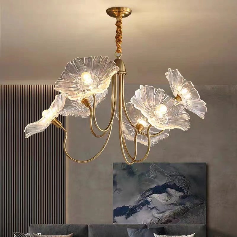 Art Deco Gold-Finish Lotus Leaf Glass Shade Chandelier for Living Room