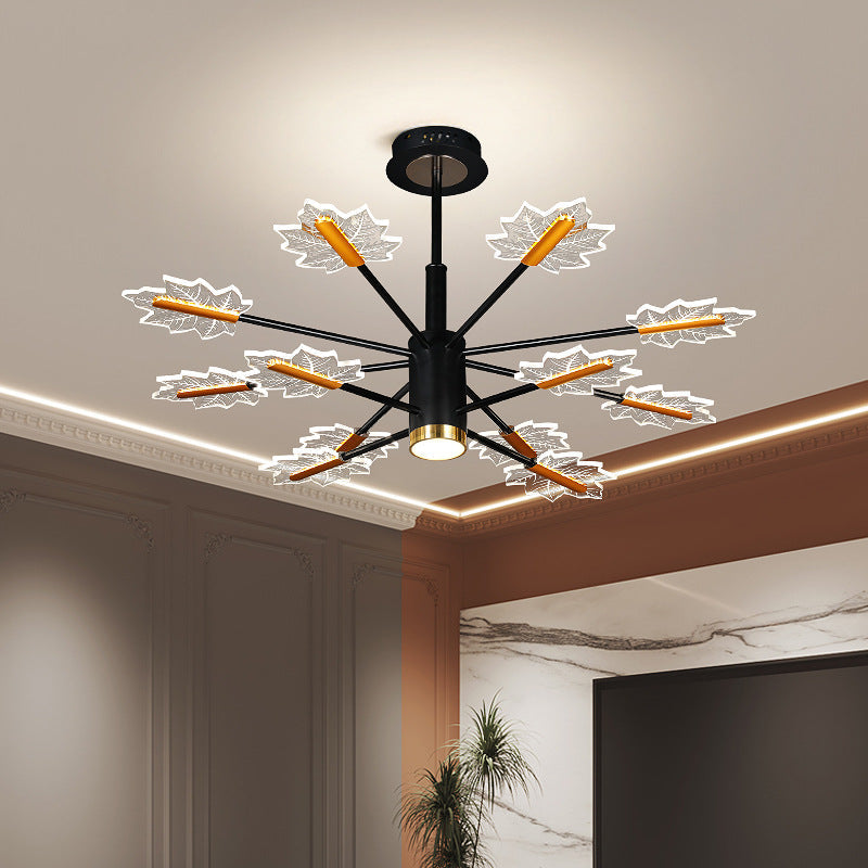 Sleek Black Iron Acrylic LED Chandelier with Maple Leaf Design for Living Room