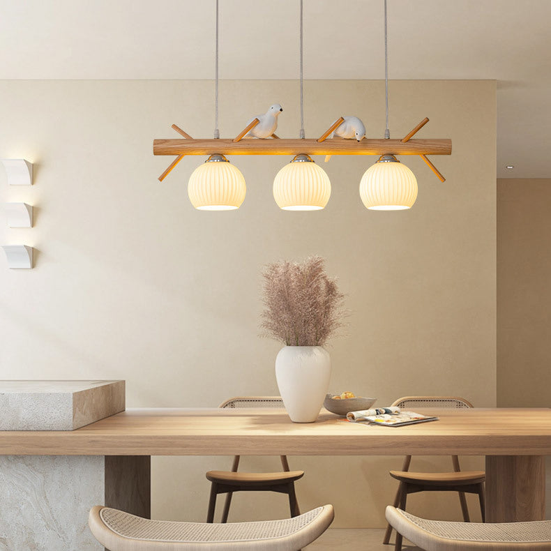 Elegant Traditional Japanese Wood and Glass 3-Light Chandelier for Living Room
