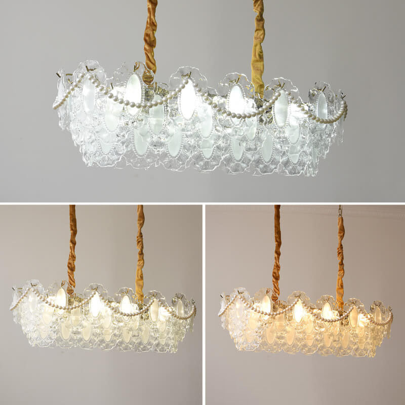 Elegant French Rectangular Pearl Iron Glass 8-Light Chandelier for Living Room