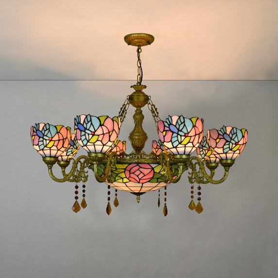 Vintage Tiffany-Style Floral Dome Iron Glass Chandelier for Living Room