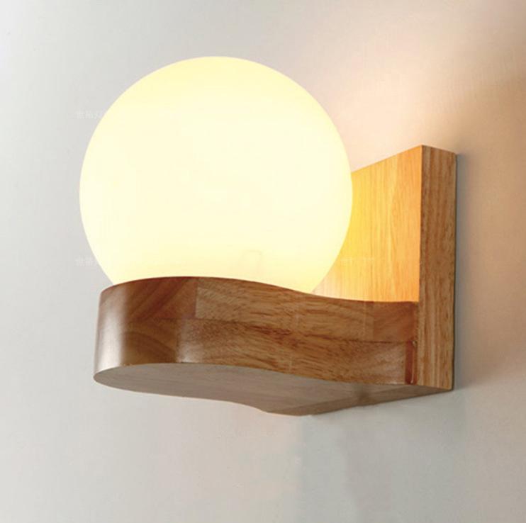 Modern Nordic Rubberwood Glass Ball 1/2-Light Wall Sconce for Bedroom