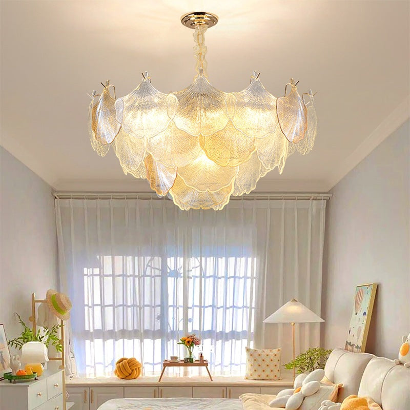 Elegant French Ginkgo Leaf Iron and Glass Chandelier for Living Room