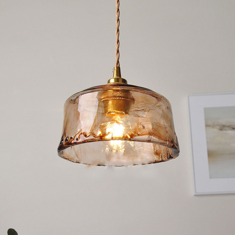 Vintage Amber Glass Drum Pendant Light with Brass for Living Room