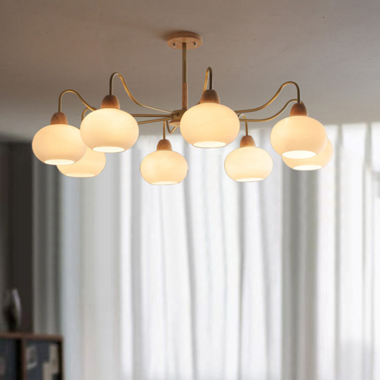 Scandinavian Rubberwood & Glass Round Chandelier for Modern Living Room