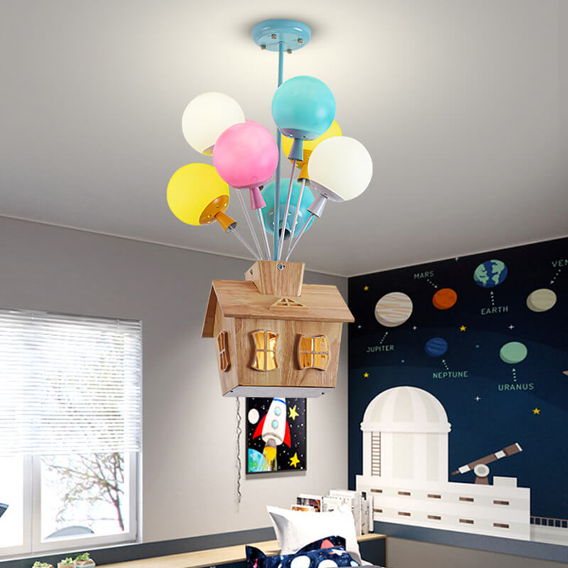 Modern Black and Wood 9-Light Glass Chandelier for Bedroom Decor
