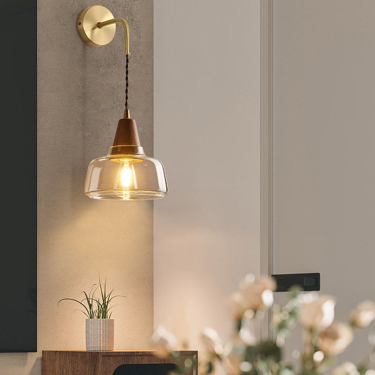 Rustic Japanese Walnut Glass Copper Cylinder Wall Sconce for Entryway