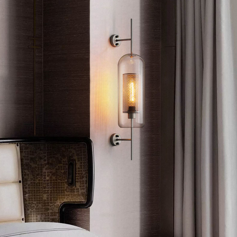 Industrial Iron Frame Wall Sconce with Cylinder Glass Shade for Bedroom