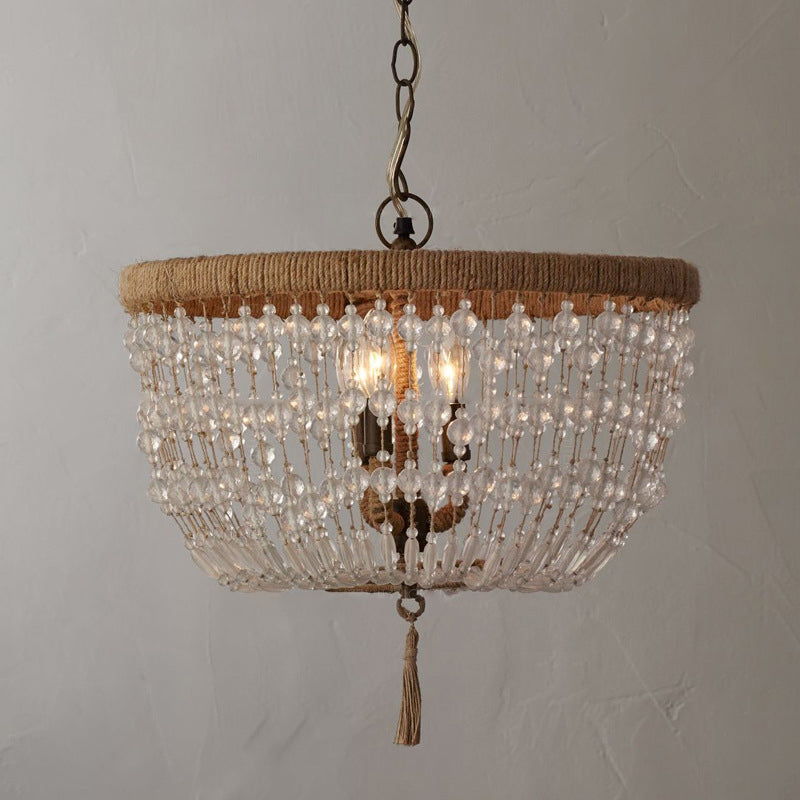 Rustic Round Hemp Rope Crystal 3-Light Chandelier for Living Room Décor
