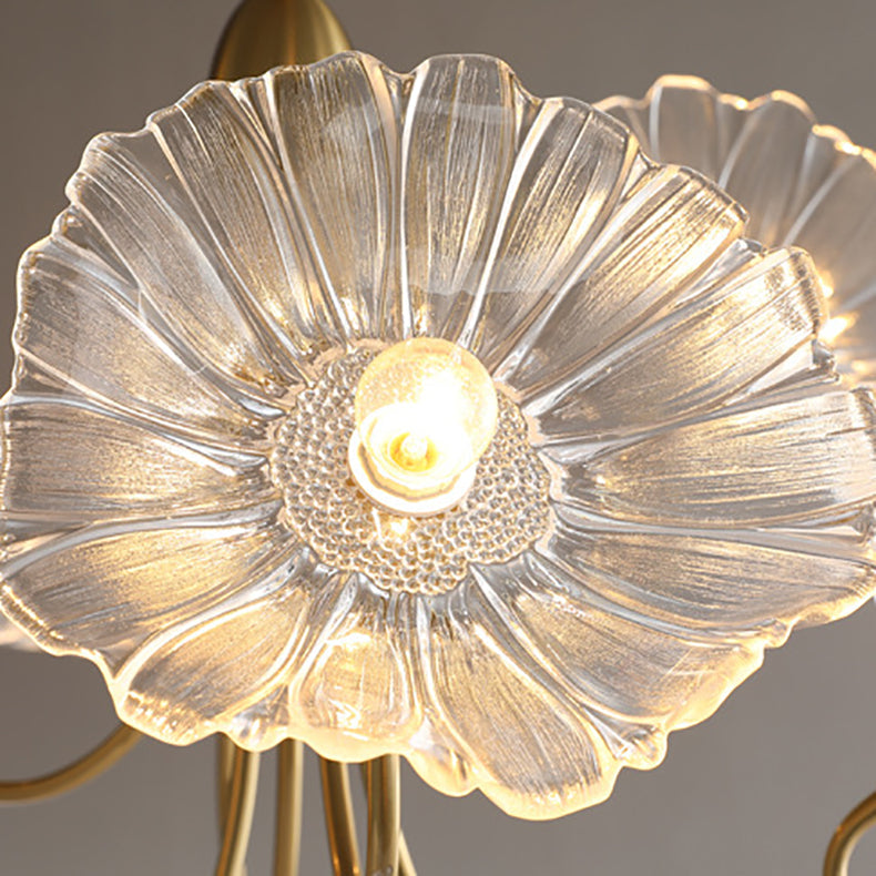 Art Deco Gold-Finish Lotus Leaf Glass Shade Chandelier for Living Room