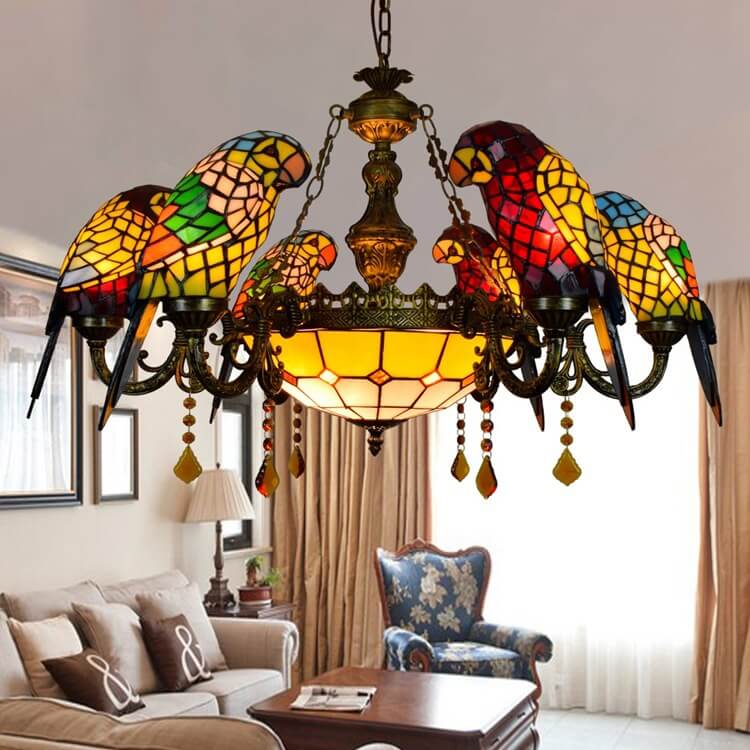 Vibrant Tiffany Stained Glass Parrot 8-Light Chandelier for Living Room