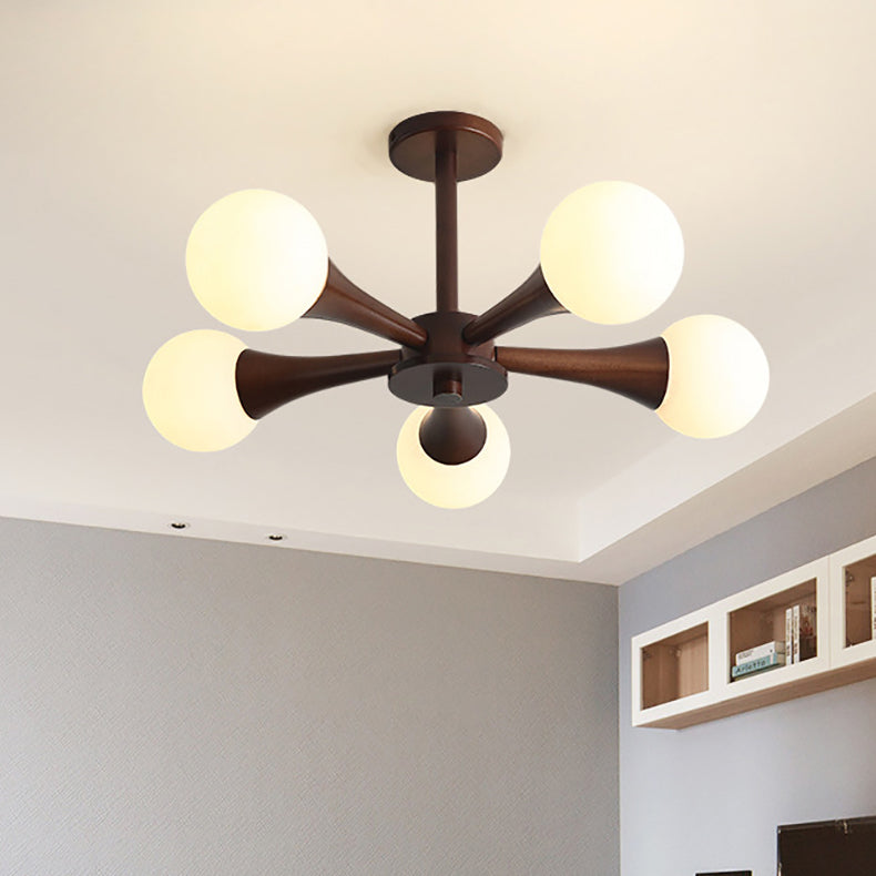 Rustic Japanese Wood Frame Glass Chandelier Light Fixture for Living Room