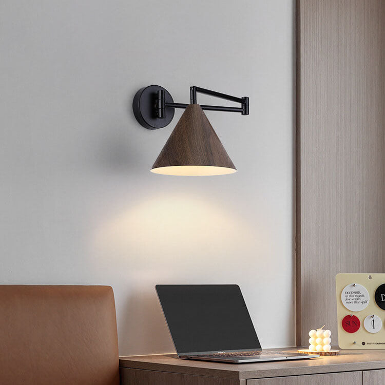 Modern Wood Grain Iron Cone Swing Arm Wall Sconce for Bedroom Decor