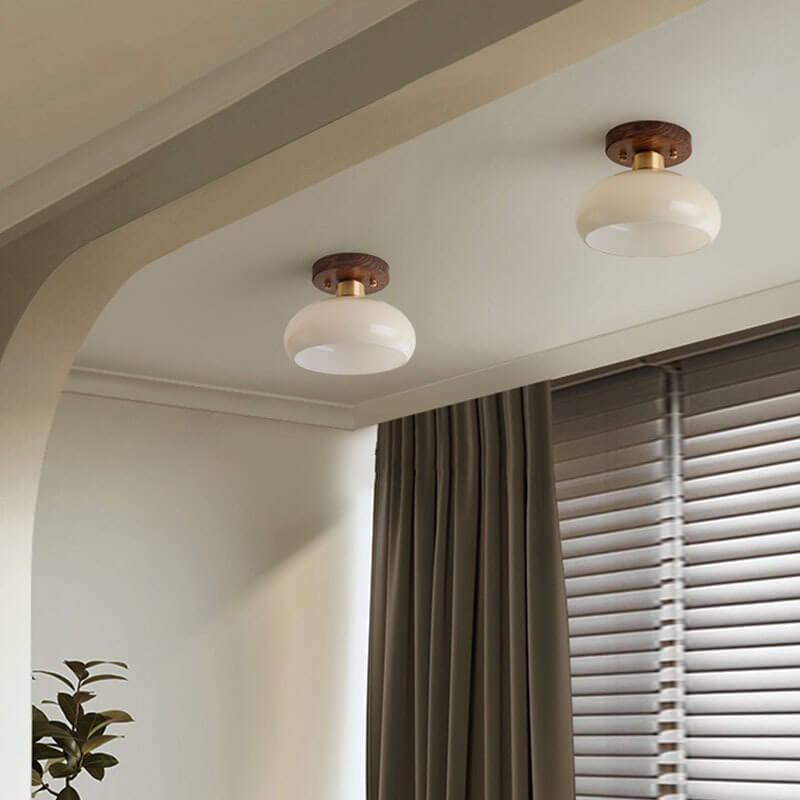 Vintage Walnut Brass Semi-Flush Mount Ceiling Light for Living Room