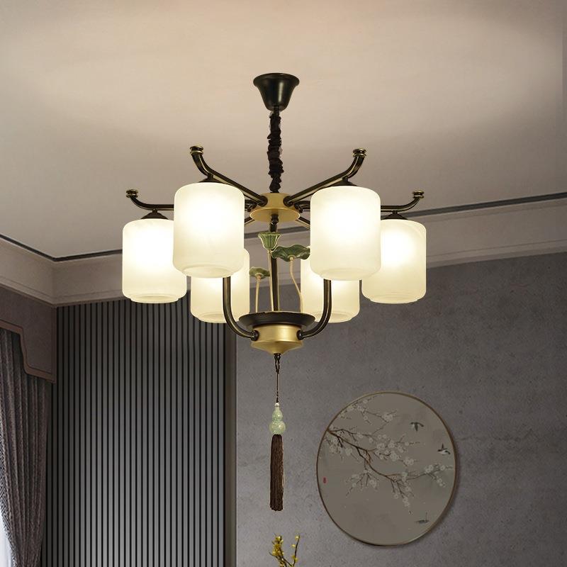 Elegant Traditional Chinese Iron Frame Chandelier with Glass Shade for Living Room
