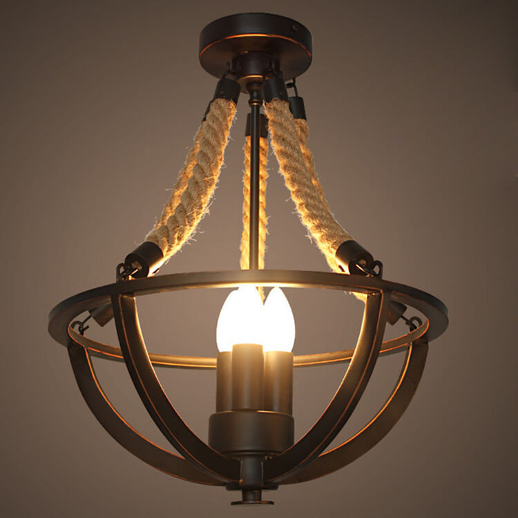 Rustic Industrial Iron 3-Light Twine Chandelier Pendant for Kitchen Island
