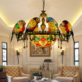 Vintage Tiffany-Style 11-Light Metal Glass Parrot Chandelier for Living Room