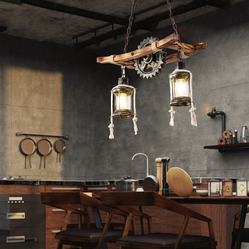 Rustic Industrial 2-Light Wooden and Metal Chandelier for Kitchen Island