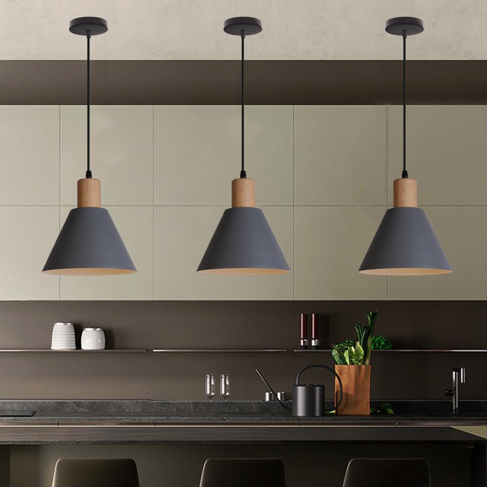 Vintage Iron and Wood Round Cone Pendant Light for Living Room Decor