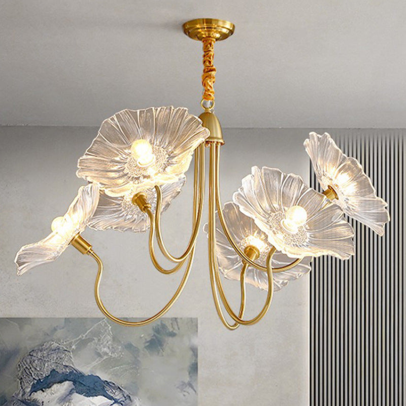Vintage Gold Finished 6-Light Flower Glass Shade Chandelier for Bedroom